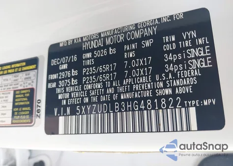 2017 Hyundai Santa Fe Sport 2.4L z USA, uszkodzony, nr VIN 5XYZUDLB3HG481822